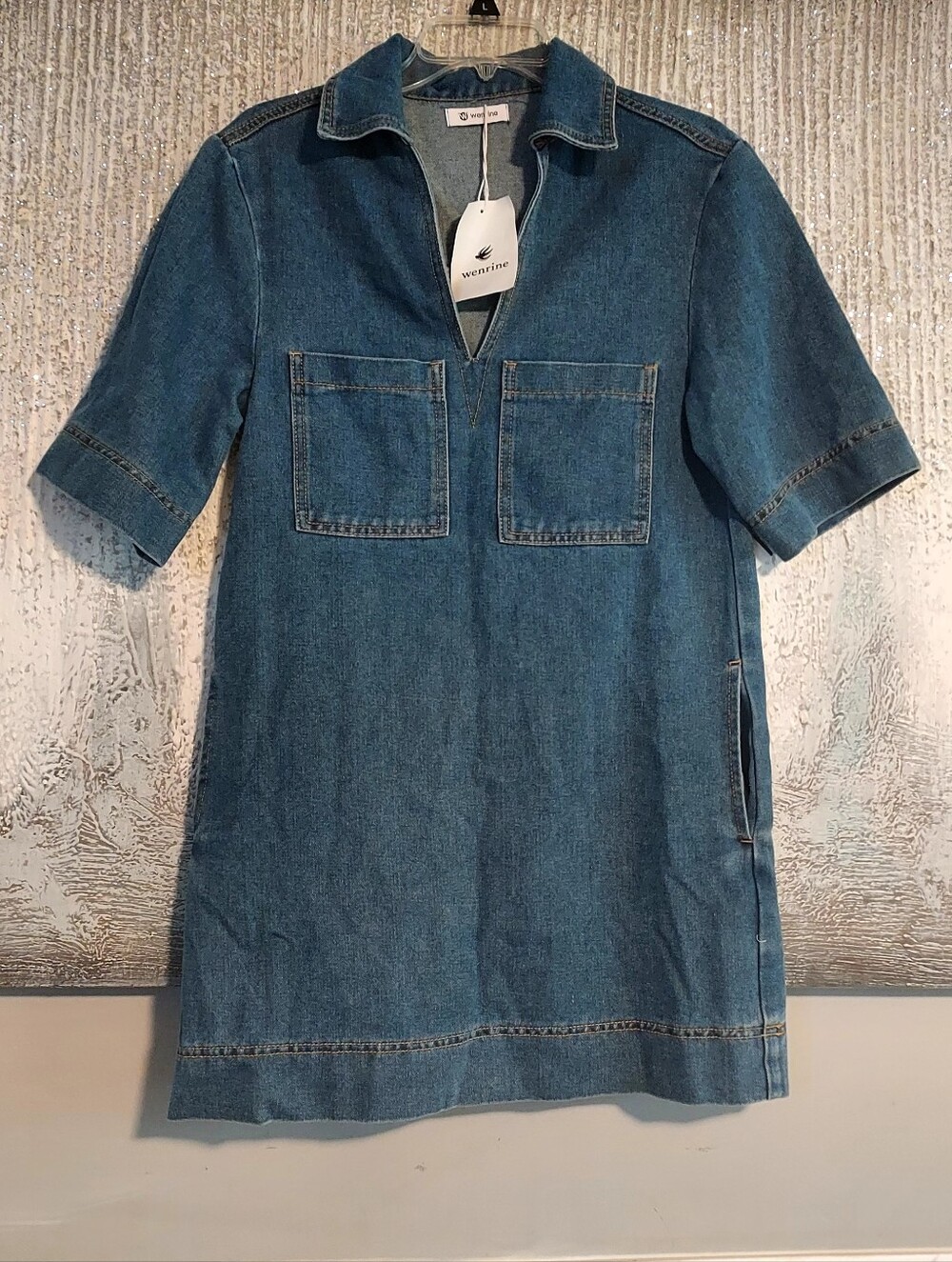Wenrine Denim Tunic Shift Dress with Front Patch Pockets - Blue Sz-XS